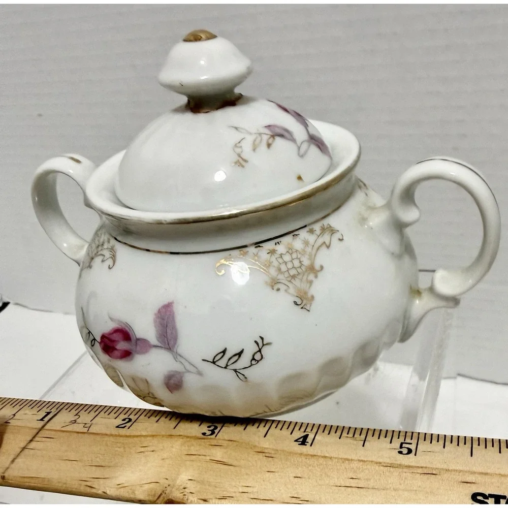 Vintage Japan Covered Sugar Bowl Pink Rose Floral Gold Trim Double Handle
